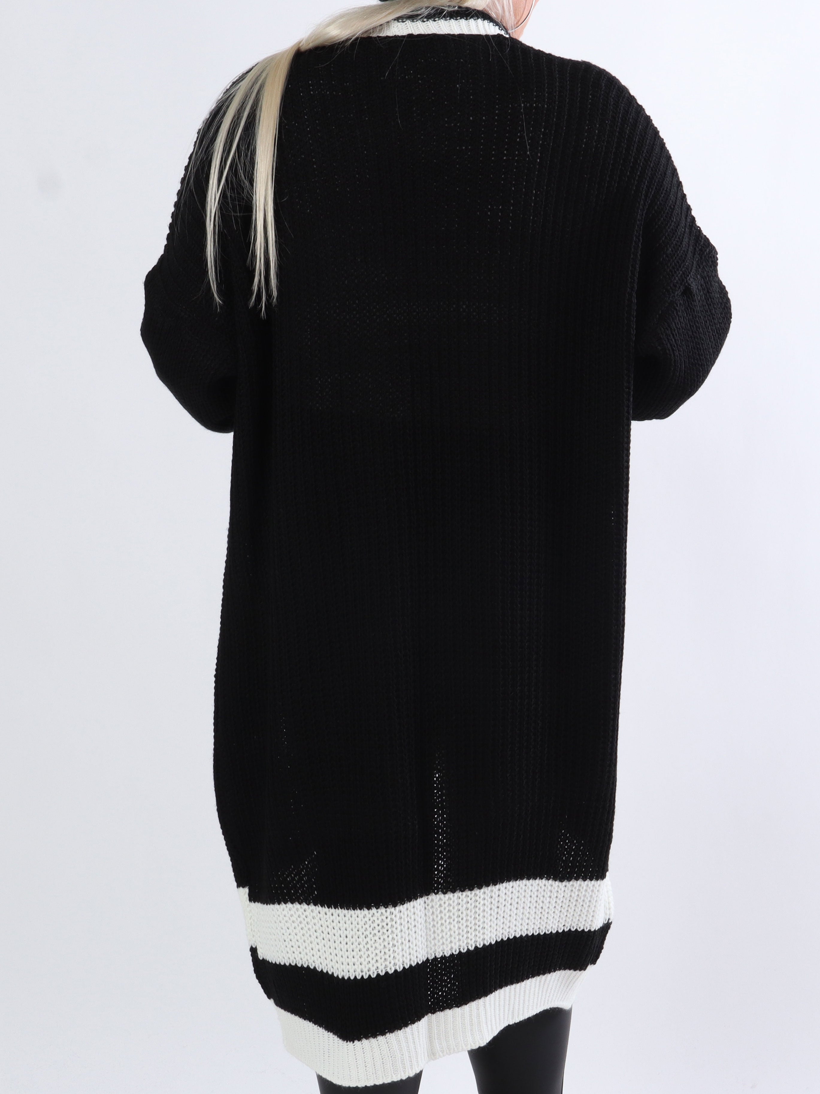 Kit - Lang plus size cardigan i strik med hvid stribe